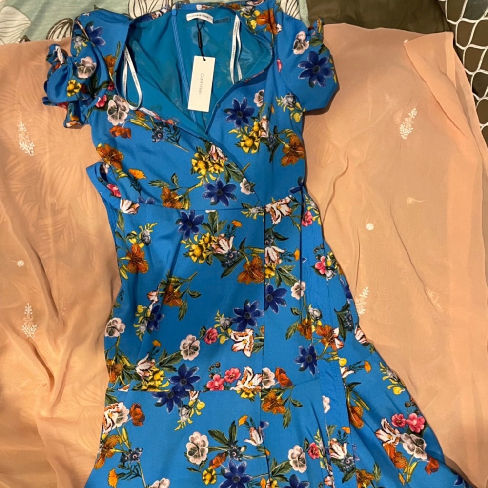 Calvin klein womens blue faux wrap floral dress